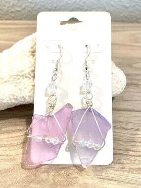 71. Handcrafted Lavender Sea Glass Wire-Wrap Dangle Earrings